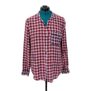 Equipment Blouse Top Red White Blue Check Silk L